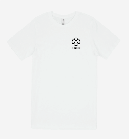 xplate tee - white with black left chest stacked logo